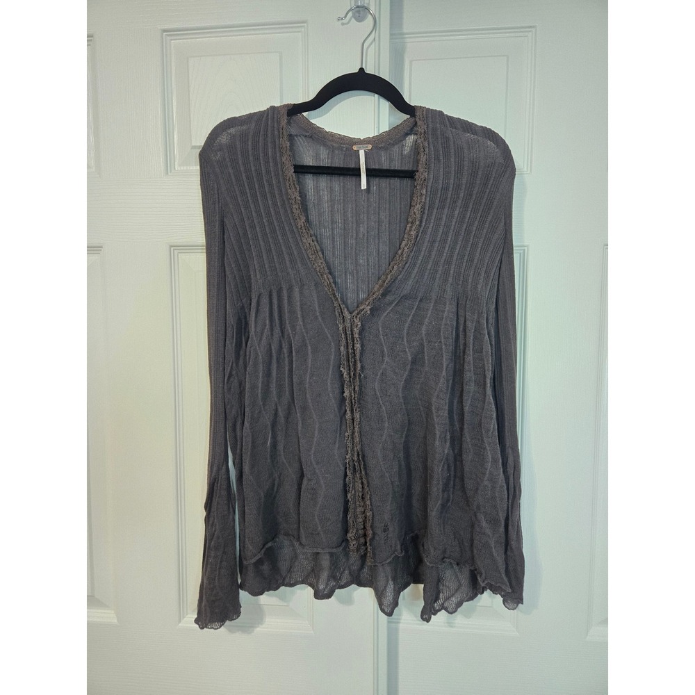 Free People Charcoal Grey Lace Trim Ribbed Knit Open Front Cardigan Small S